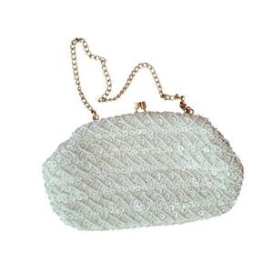 Vintage 60s Pocketbook Cream Ivory Sequin Hand Bag Gold Chain Kiss Lock